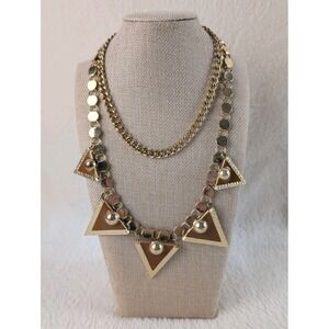 Vintage Gold Tone Geometric‎ Triangle Statement Necklace Layered Chain 18"